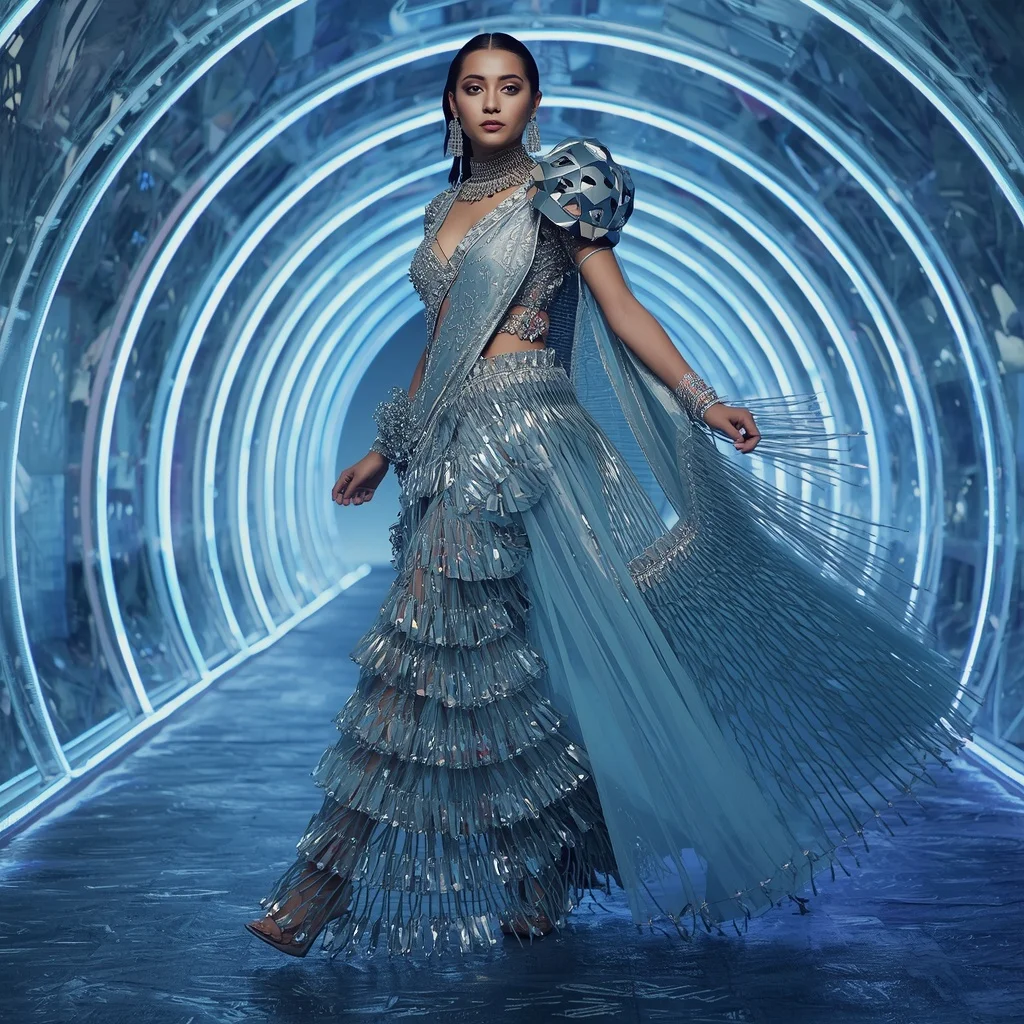 Arctic Diamond Fantasy Saree with Curved Crystal Tunnel | Ai Prompt For Instagram - Woman Pose AI Image Prompt