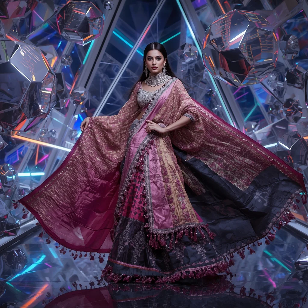 Aurora Thunder Fantasy Saree with Floating Digital Prism Orbit Crystal Reflection Hall | Cinematic Saree Ai Prompt