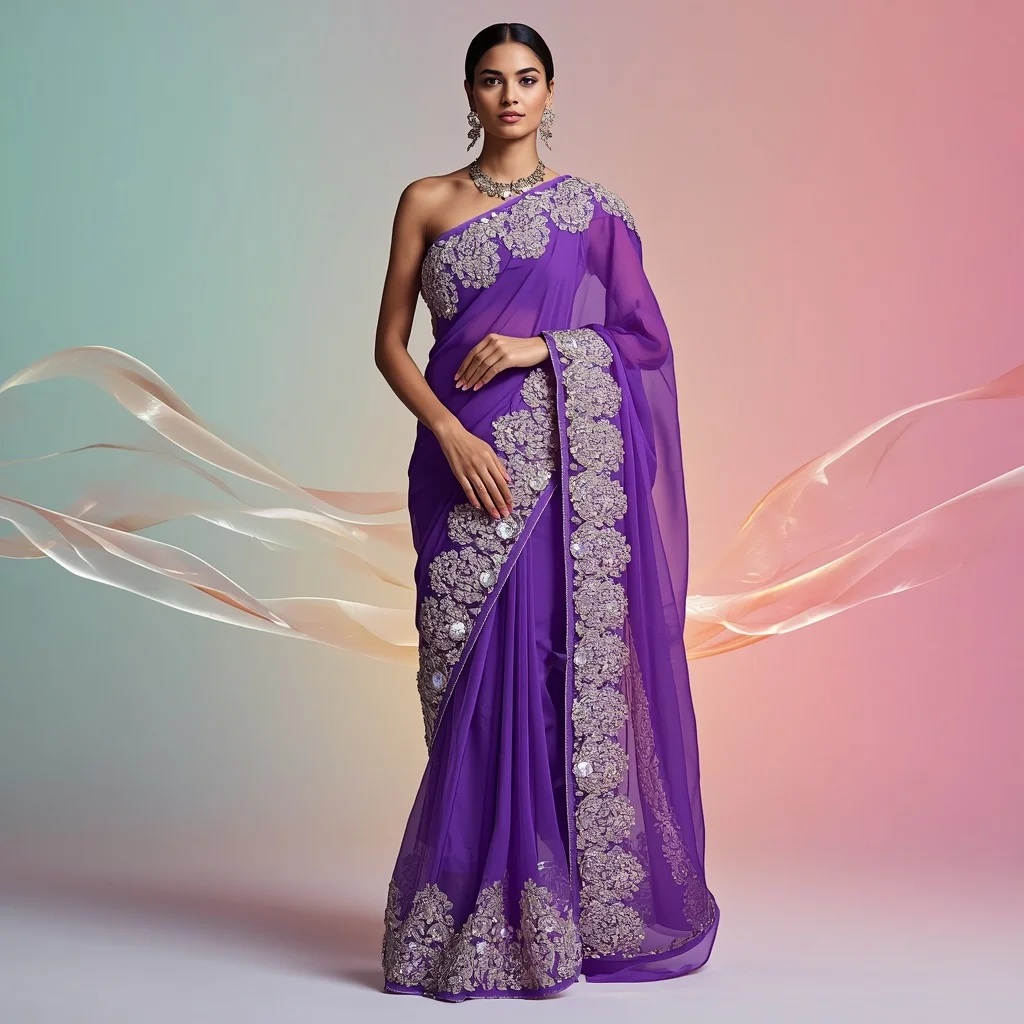Avant-Garde Saree Look: Electric Violet Chiffon with Heavy 3D Holographic Prisms | Saree Instagram Ai Prompt - Prompt Trending
