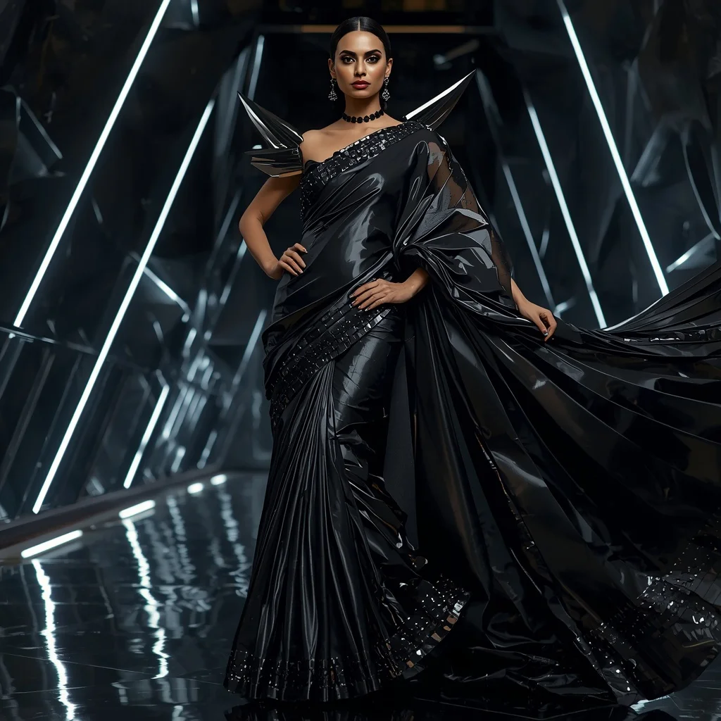 Black Mirror Blade Saree with Dark Infinity Orbit Fortress | Creative Ai Art Prompt
