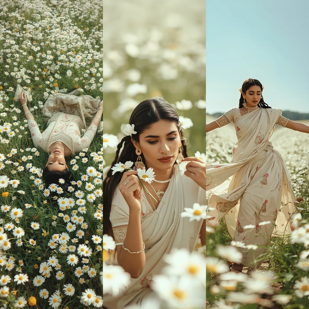 Bright White Daisy Field Spring Fashion Saree Multi Panel | Saree Couple Ai Prompt - Prompt Trending