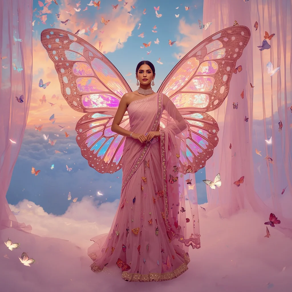 Butterfly Sky Curtain Saree – Floating Cloud Couture with Royal Pose | Gemini Prompt