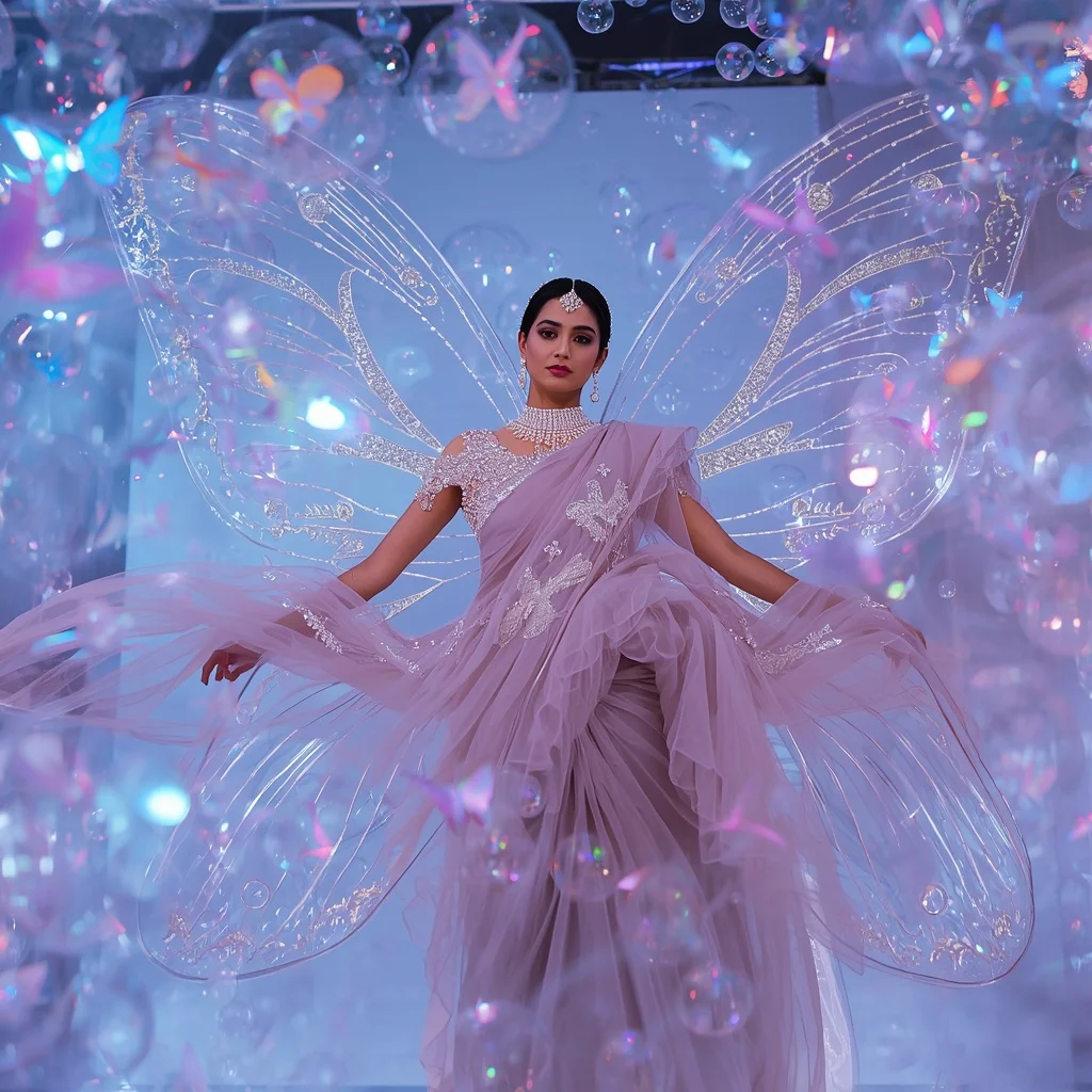 Butterfly Wing Bubble Saree – Floating Crystal Couture with Bubble Pose | Viral Instagram Ai Prompt