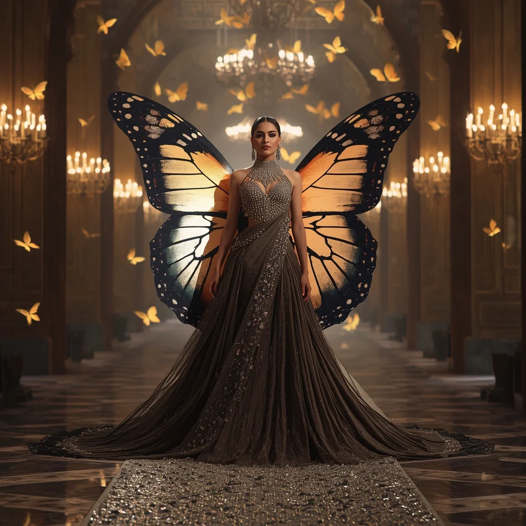 Butterfly Wing Carpet Saree – Long Royal Trail Couture with Queen Pose | Ultra Realistic Ai Prompt