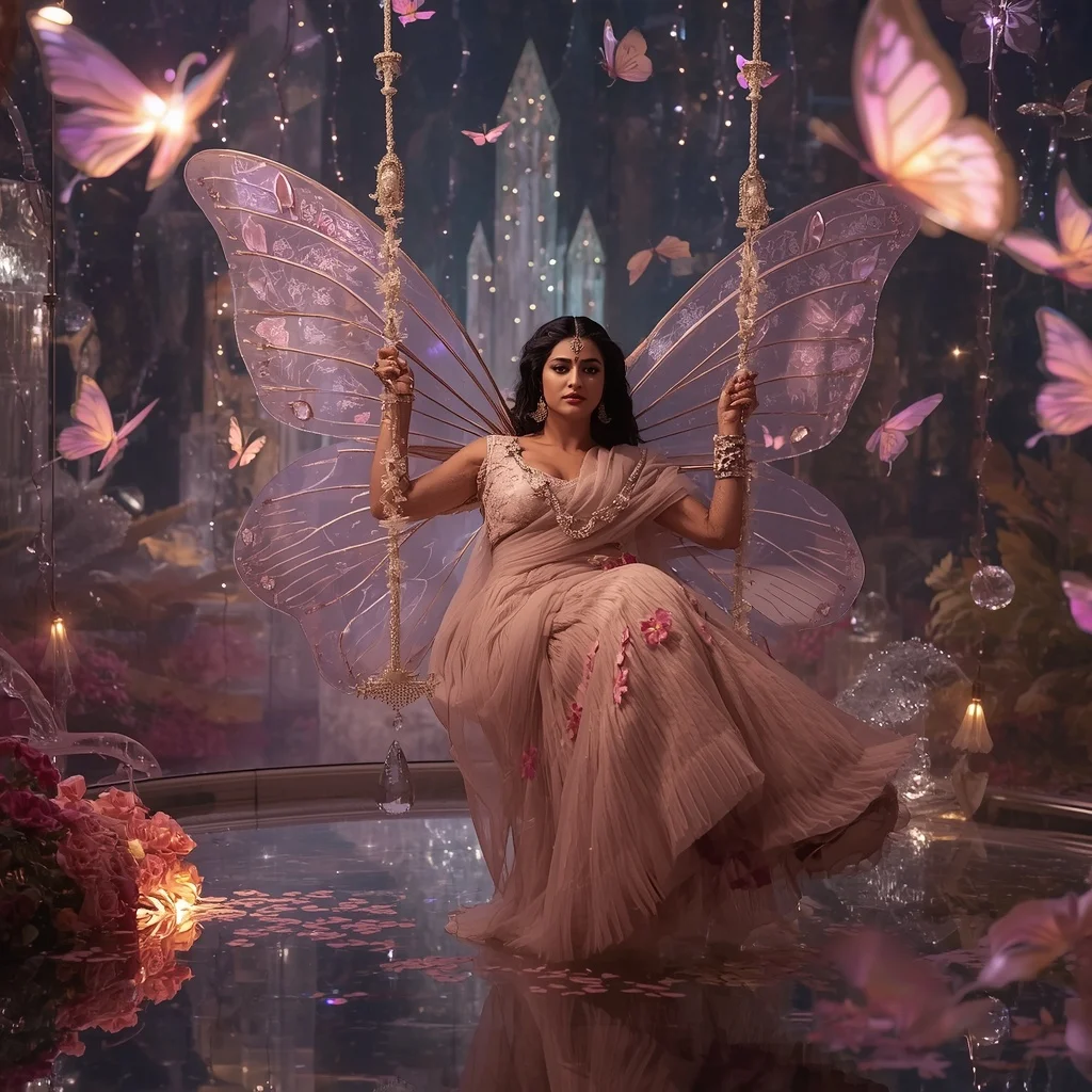 Butterfly Wing Crystal Swing Saree – Floating Royal Couture with Swing Pose | Art Ai Prompt
