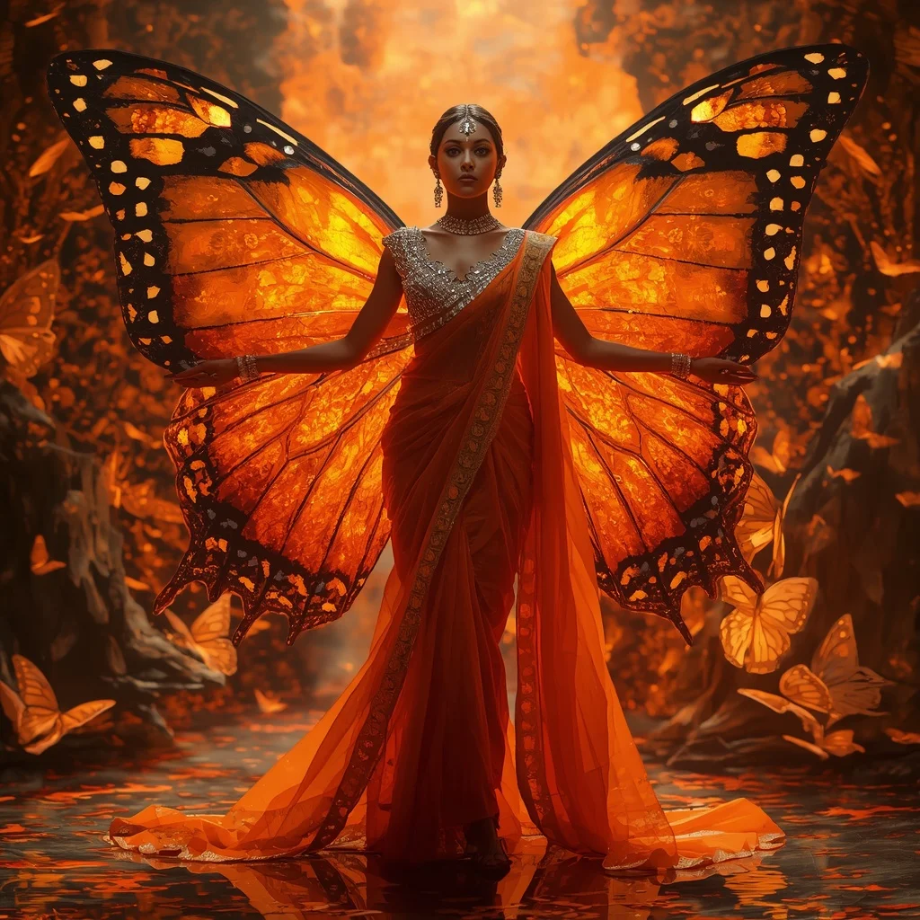 Butterfly Wing Flame Saree – Fire Crystal Couture with Twisting Pose | Instagram Girl Gemini Prompt