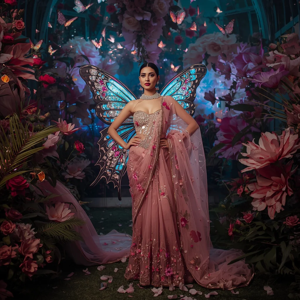 Butterfly Wing Flower Saree – Floral Crystal Couture with Garden Pose | Ai Video Generator Prompt