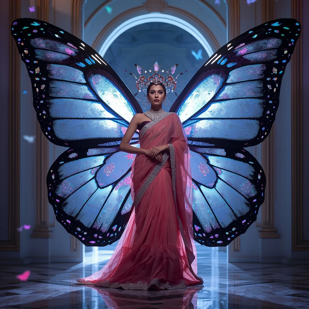 Butterfly Wing Gate Saree – Grand Entrance Couture with Arch Pose | Ai Image Generator Prompt