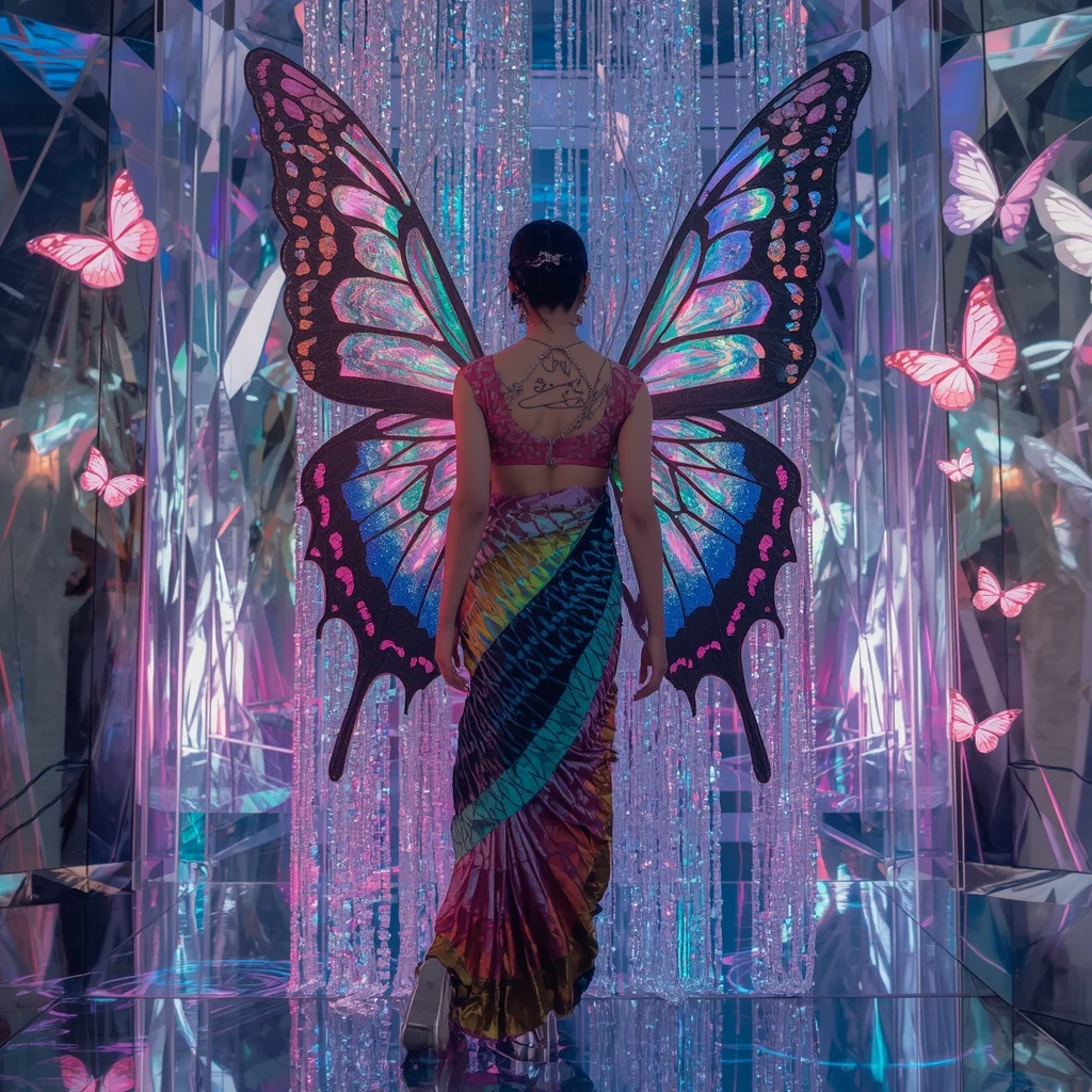 Butterfly Wing Ladder Saree – Vertical Crystal Couture with Fashion Climb Pose | Gemini Photo Prompt