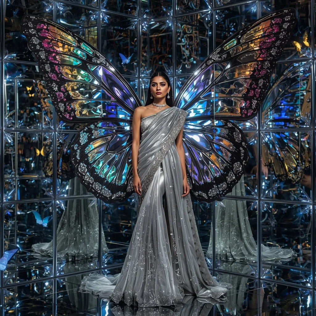 Butterfly Wing Mirror Saree – Reflective Luxury Couture with Mirror Pose | Desi Girl Ai Prompt