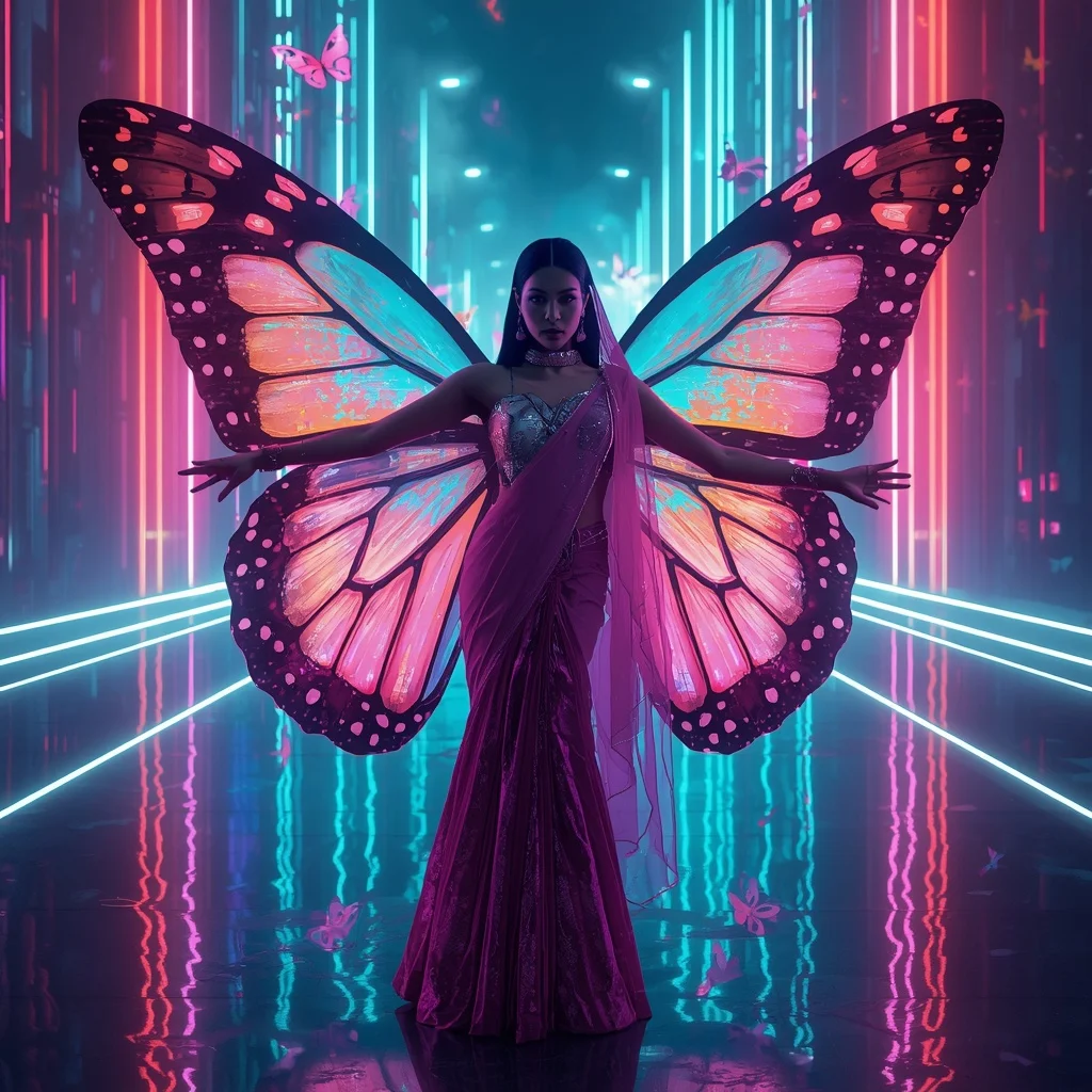 Butterfly Wing Neon Saree – Futuristic Laser Couture with Action Pose | Ultra Realistic Ai Prompt