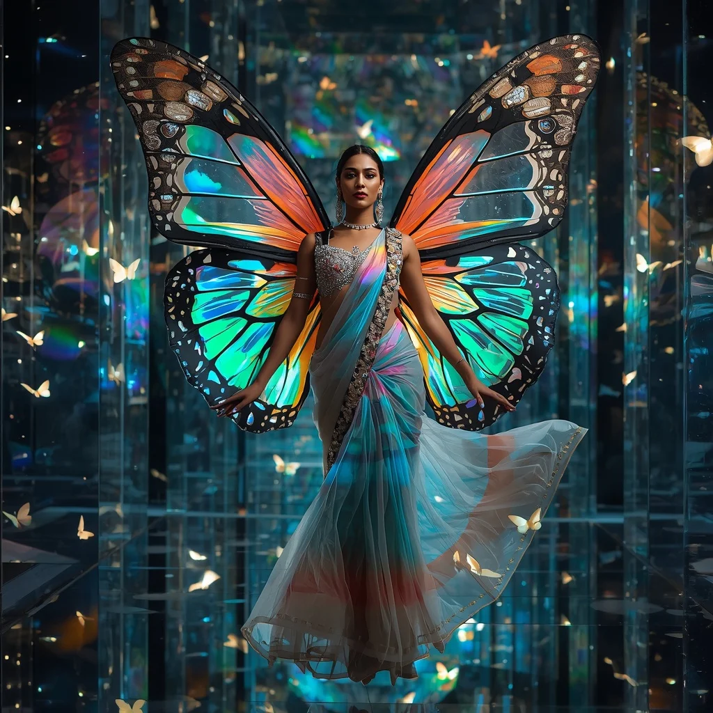 Butterfly Wing Prism Saree – Rainbow Crystal Couture with Floating Pose | Attitude Ai Prompt