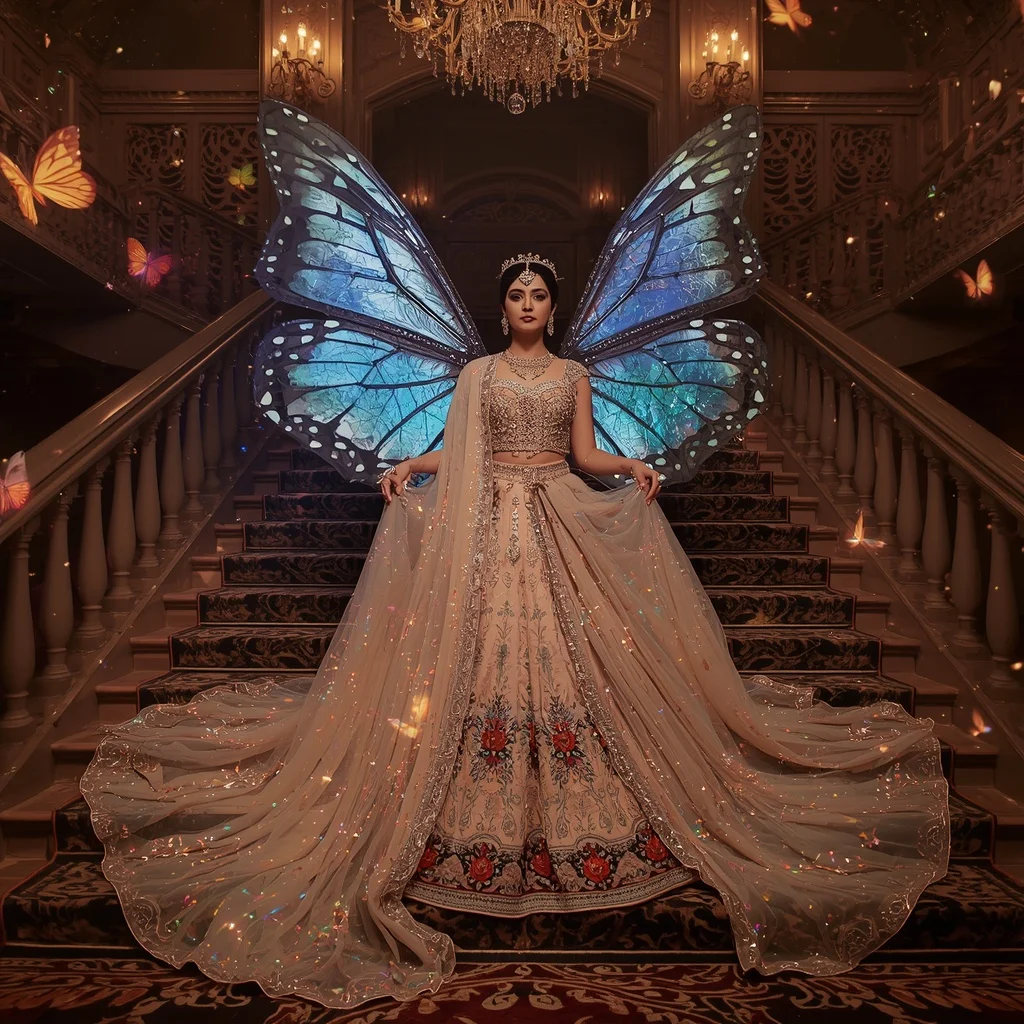 Butterfly Wing Stair Saree – Royal Palace Couture with Grand Stair Pose | Ai Prompt Generator Free