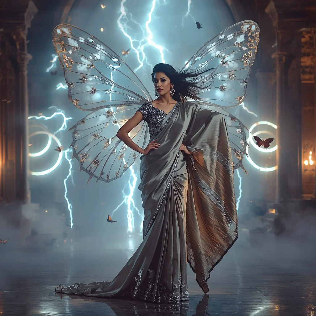 Butterfly Wing Storm Saree – Electric Fantasy Couture with Wind Pose | Secret Ai Prompt