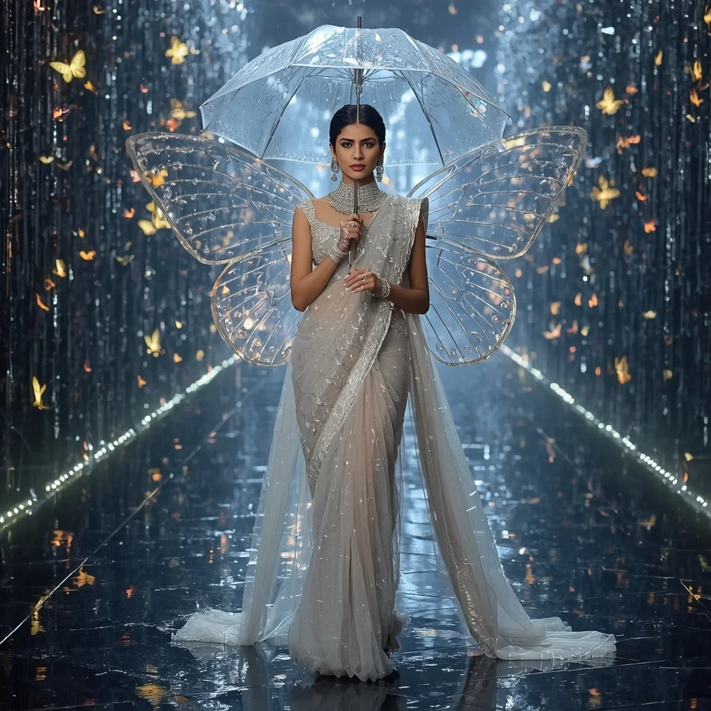Butterfly Wing Umbrella Saree – Transparent Crystal Couture with Rain Walk Pose | Photo Prompt