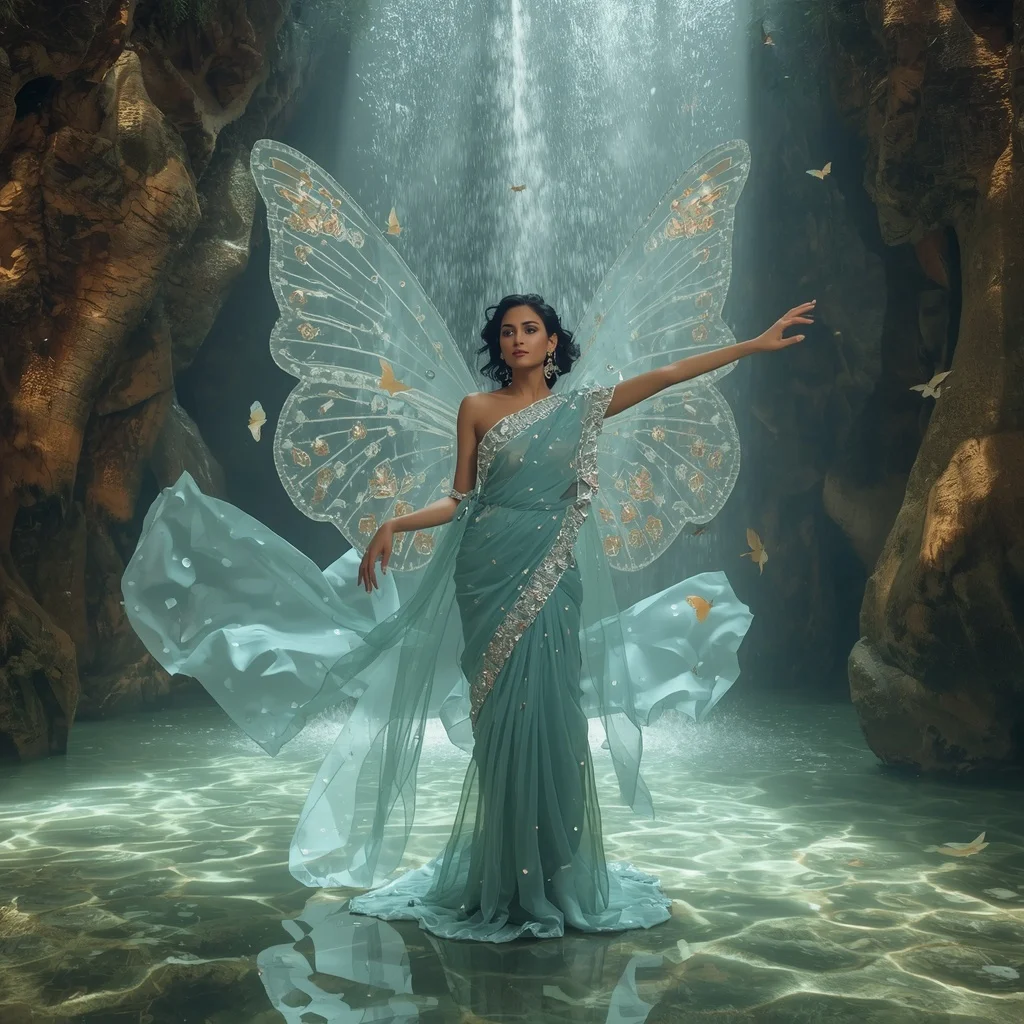 Butterfly Wing Waterfall Saree – Crystal Cascade Couture with Flow Pose | Instagram Reel Ai Prompt