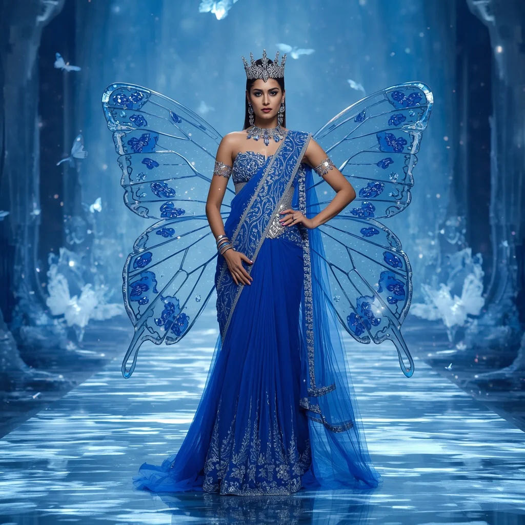 Celestial Sapphire Butterfly Queen Saree with Frozen Crystal Galaxy Background | Ultra Realistic Ai Prompt