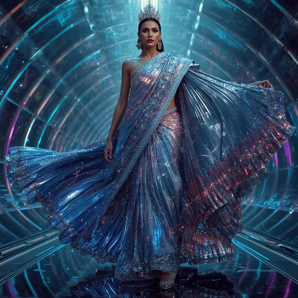 Celestial Thunder Queen Saree with Futuristic Aurora Fortress | Gemini Traditional Saree Prompt