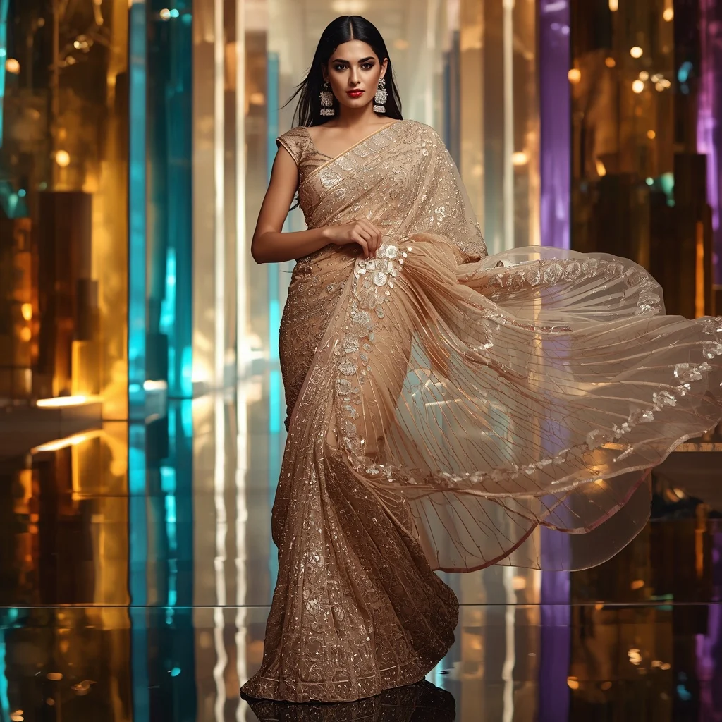 Champagne Aurora Crystal Saree with Floating Prism Fortress | Lehenga Choli Ai Prompt