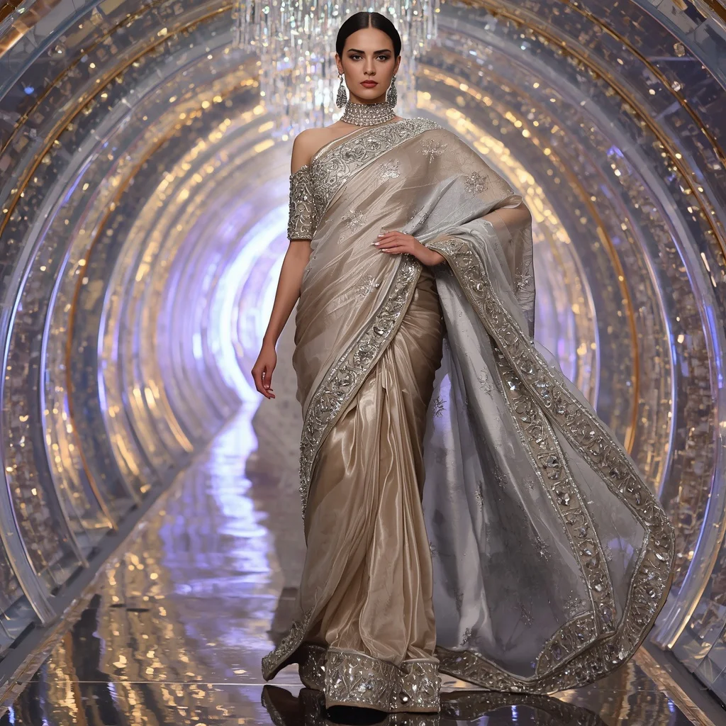 Champagne Frost Luxe Saree with Neon Crystal Hall | Flux Ai Prompt - Prompt Trending
