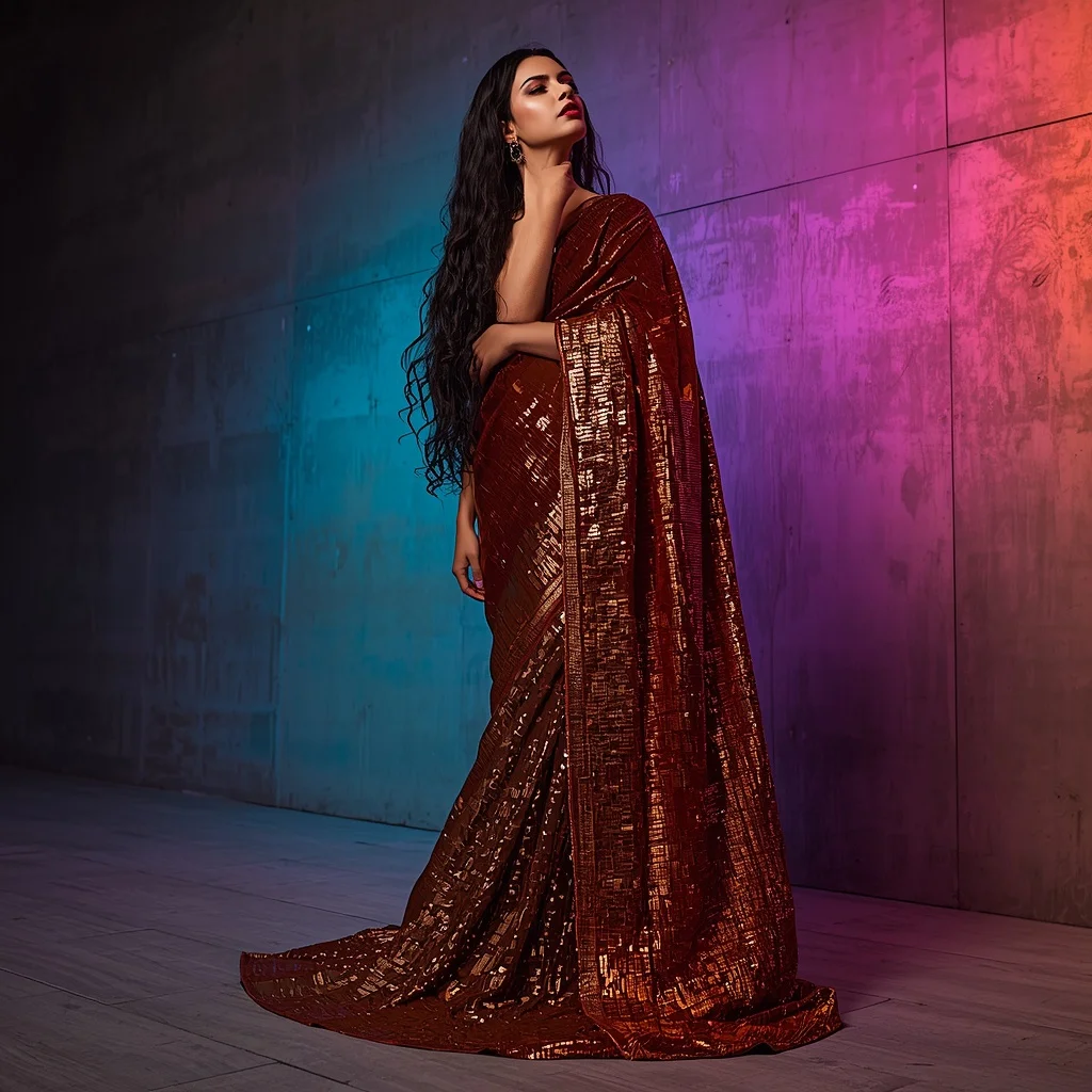 Copper and Bronze Metallic Fusion: Sequin Festive Saree with Brutalist Concrete Wall | Gemini Ai Photo Prompt Copy Paste