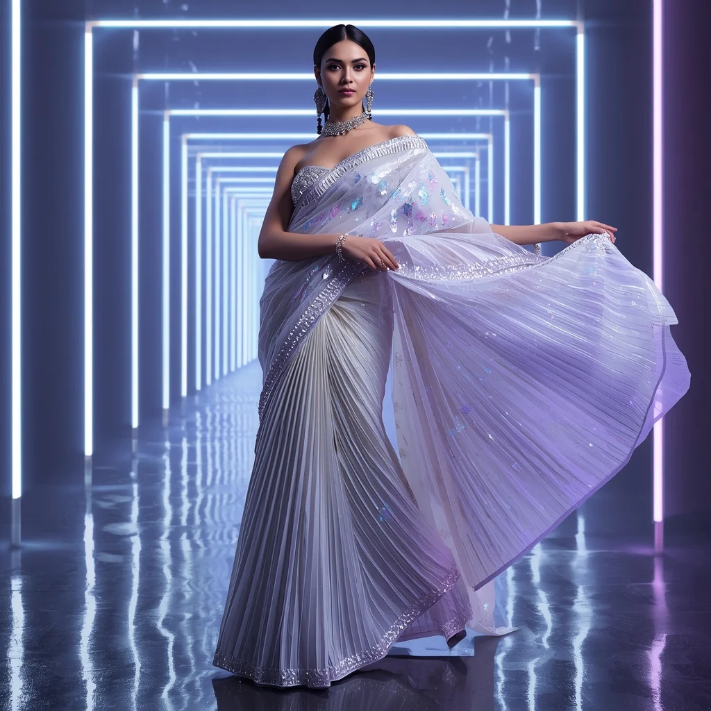 Cosmic Pearl Festival Saree with Dynamic Neon Hall | Desi Girl Ai Prompt - Prompt Trending