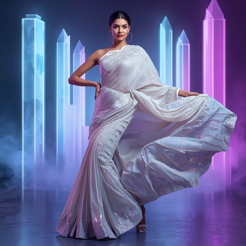 Cosmic Pearl Mirage Saree with Dynamic Neon Prism Towers | Festive Prompt - Prompt Trending