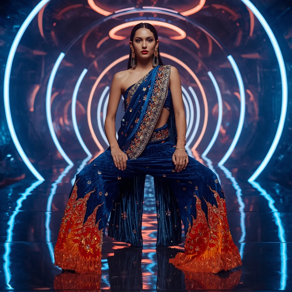 Cosmic Velvet Flame Saree with Neon Orbit Palace | Saree Woman Ai Prompt