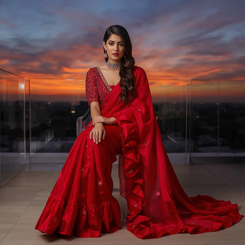 Crimson Crimson Radiance: Ruffled Modern Festive Saree with Heavy Embellishments | Instagram Aesthetic Ai Prompt
