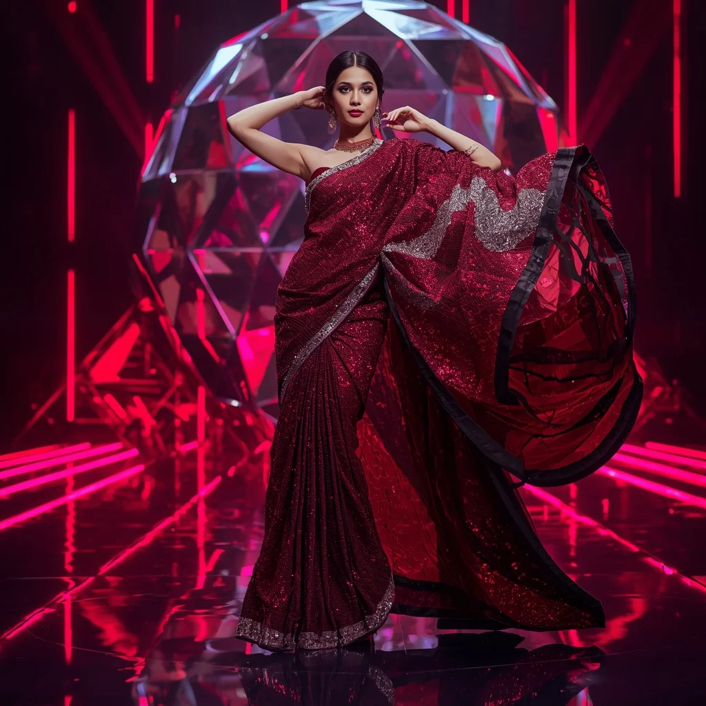 Crimson Galaxy Festival Saree with Dynamic Prism Dome | Style Ai Prompt - Prompt Trending
