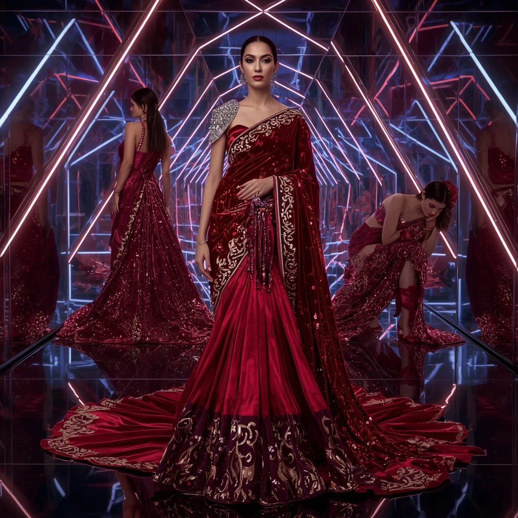 Crimson Royale Couture Saree with Infinity Prism Tunnel | 3d Animation Ai Prompt - Woman Pose AI Image Prompt