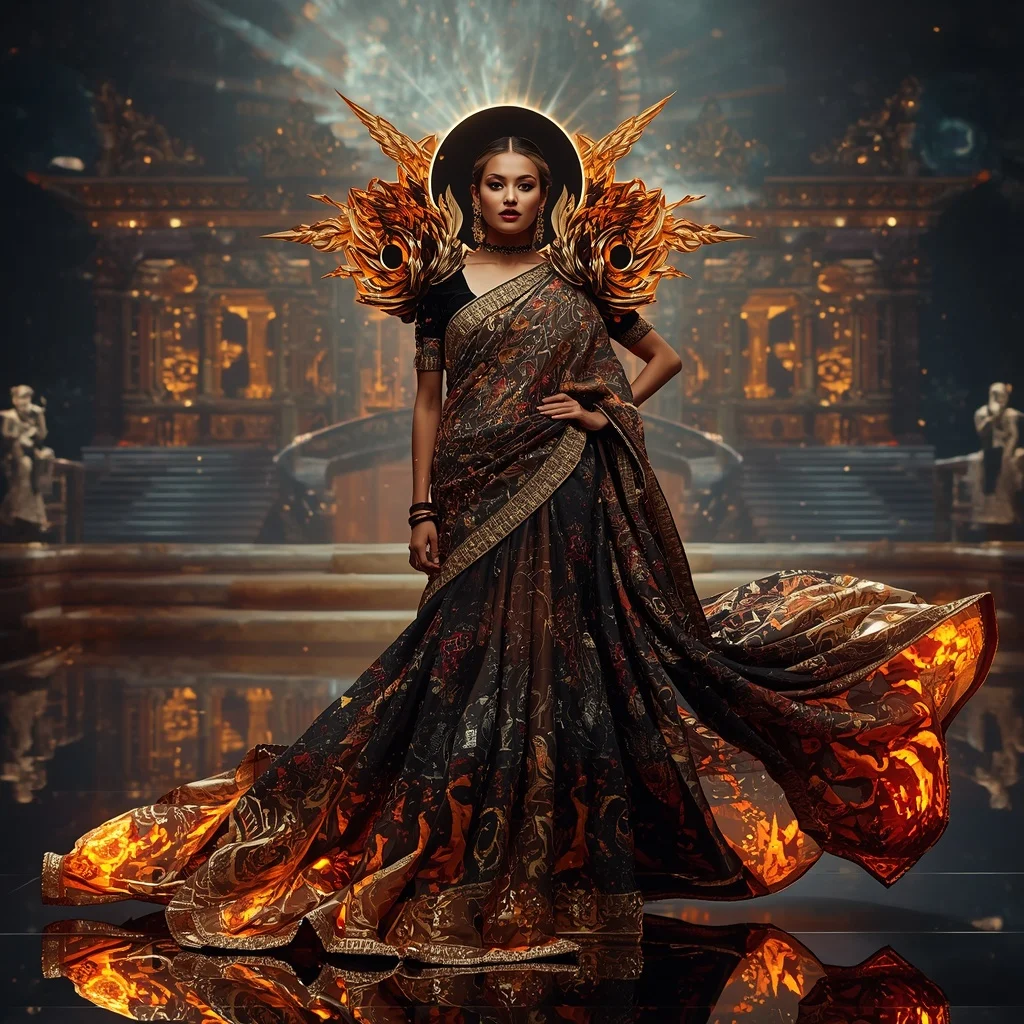 Crystal Eclipse Flame Saree with Floating Celestial Reflection Temple | Realistic Female Photoshoot Ai Prompt