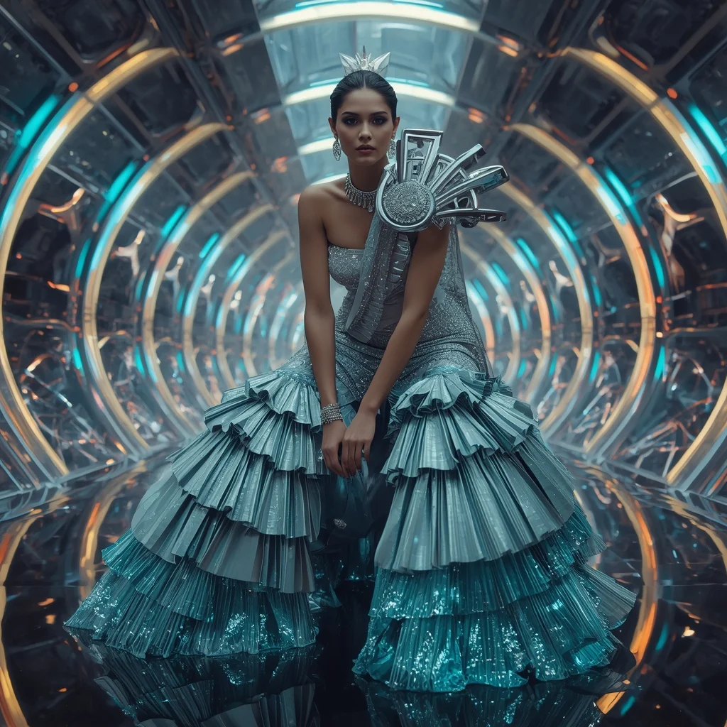 Crystal Meteor Empress Saree with Infinity Digital Spiral Prism Reflection Observatory Hall | Retro Style Prompt For Gemini Girl In Saree Instagram