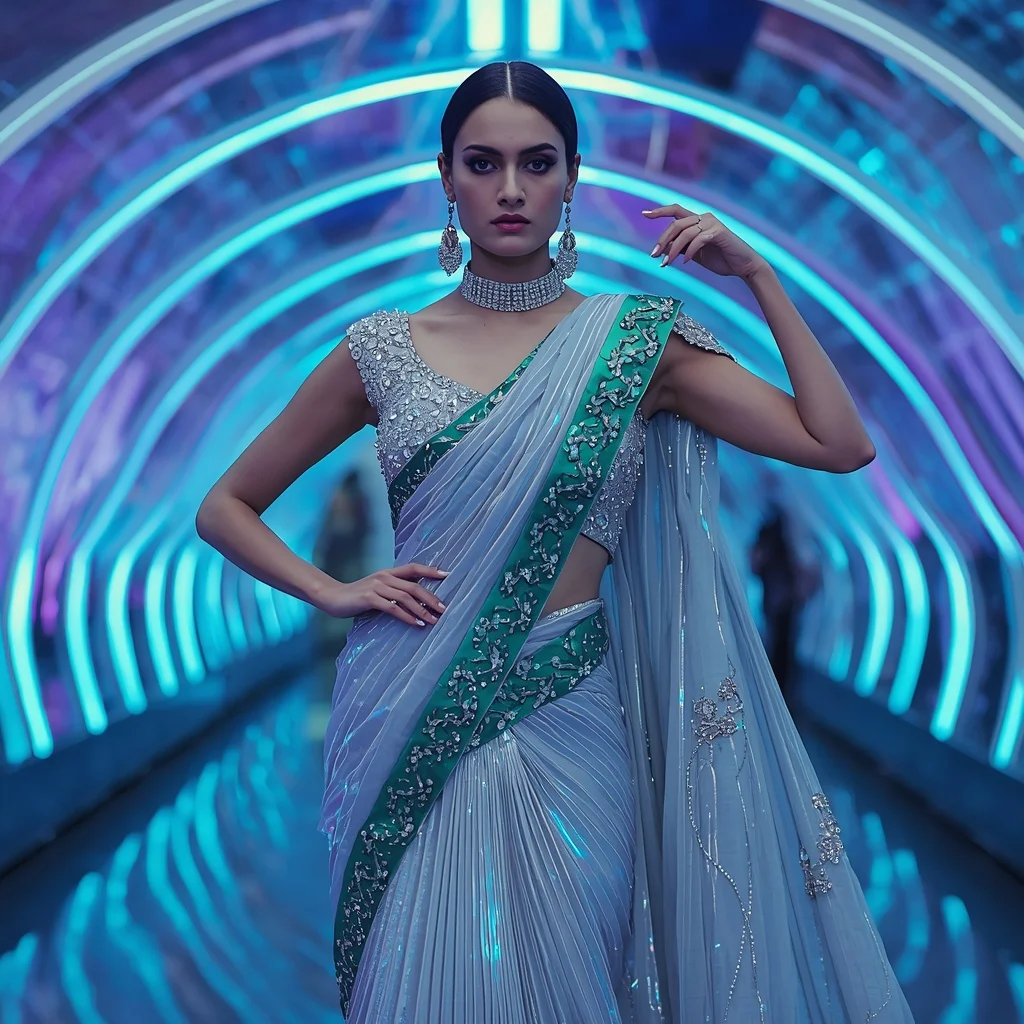 Crystal Storm Empress Saree with Infinity Ribbon Neon Crystal Reflection Observatory Hall | Gemini Prompt