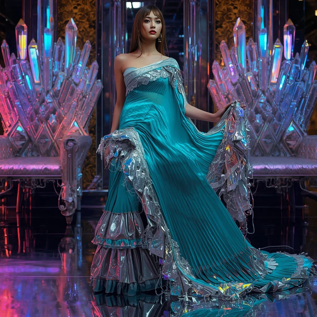 Cyber Prism Saree with Neon Reflection Crystal Thrones | Pre Wedding Photoshoot Ai Prompt