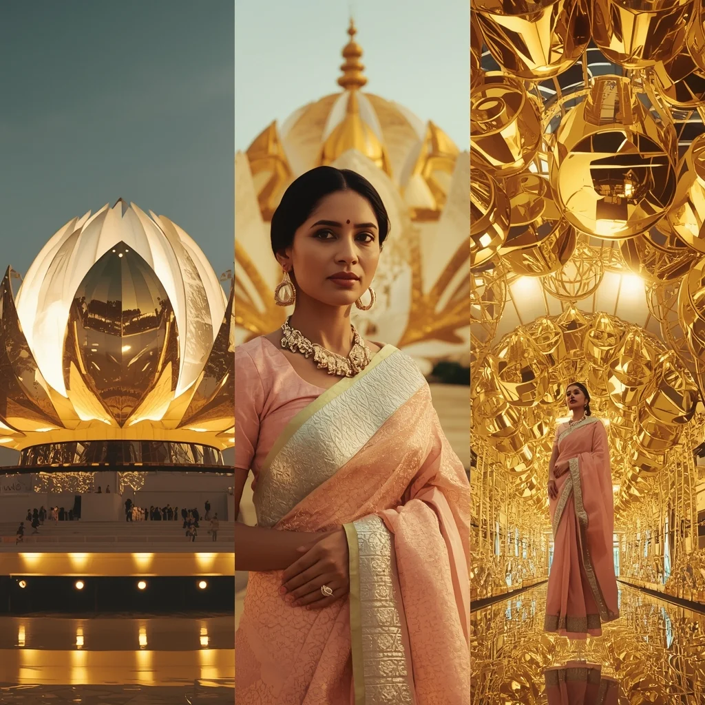 Cybernetic Golden Lotus Cyber Temple Saree Luxury Collage | Beautiful Saree Girl Ai Prompt Cinematic - Prompt Trending