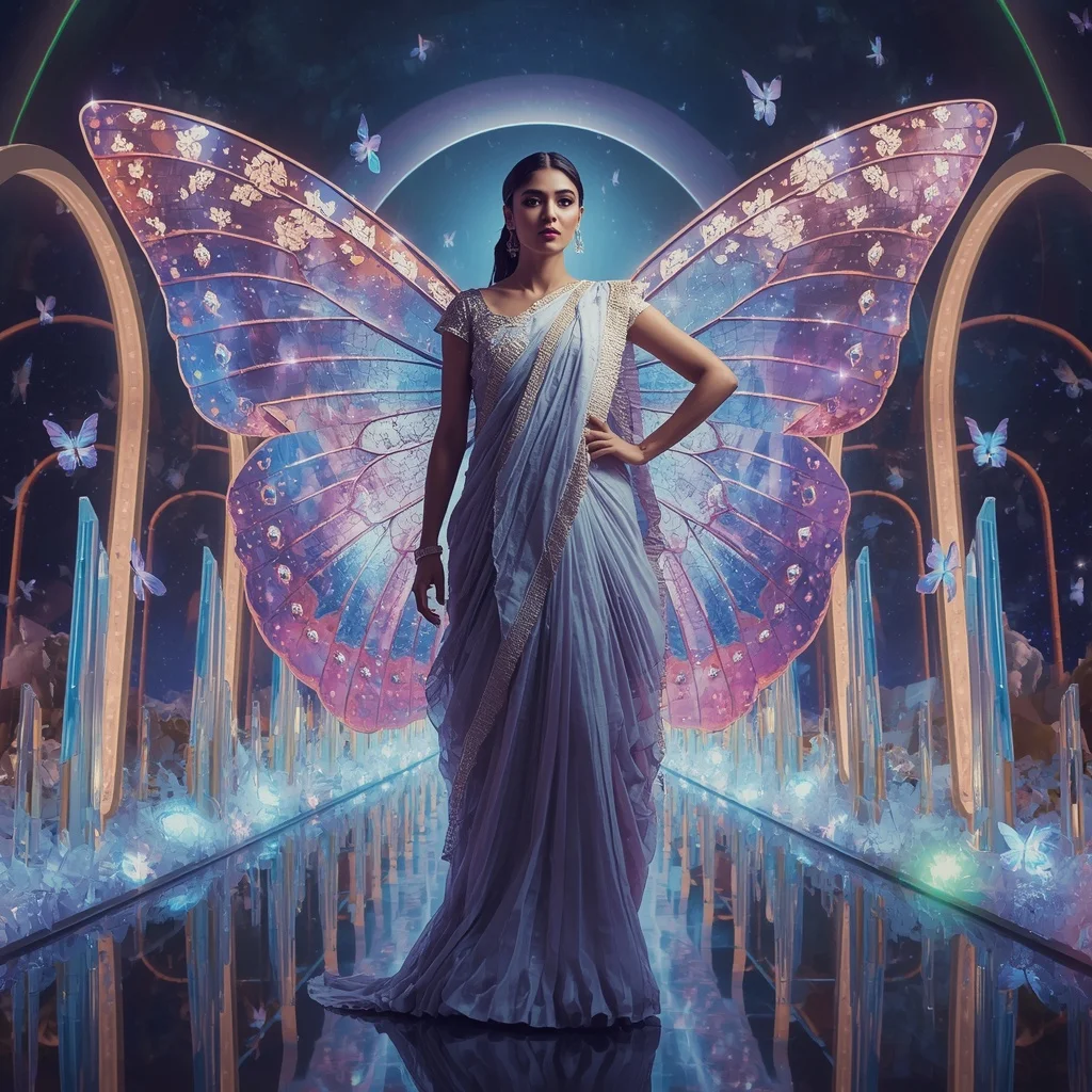 Diamond Aurora Butterfly Universe Saree – Futuristic Multi-Pose Couture with Celestial Fantasy Galaxy Background | Gemini Ai Prompt Copy Paste