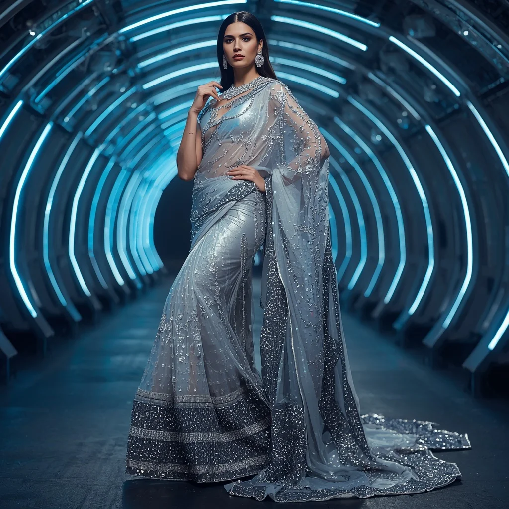 Diamond Eclipse Saree with Futuristic Infinity Curves | Girl Photo Prompt Gemini - Woman Pose AI Image Prompt