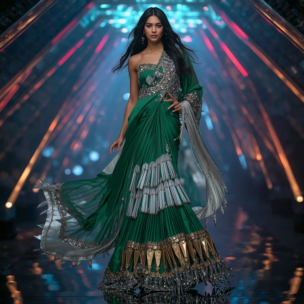 Emerald Nova Fantasy Saree with Floating Prism Infinity Crystal Reflection Observatory Hall | Best Ai Prompts 2026