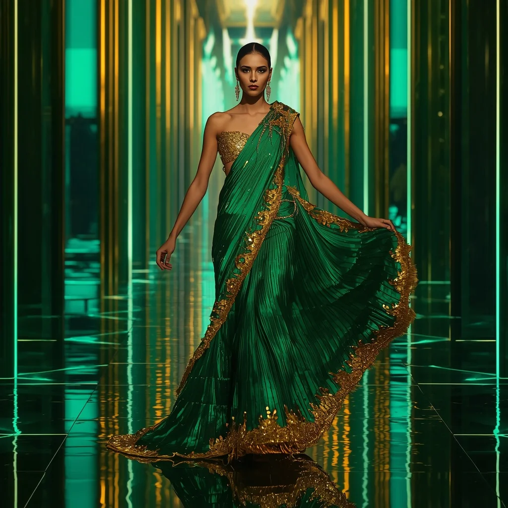 Emerald Phoenix Royale Saree with Prism Reflection Cathedral | Indian Saree Ai Prompt