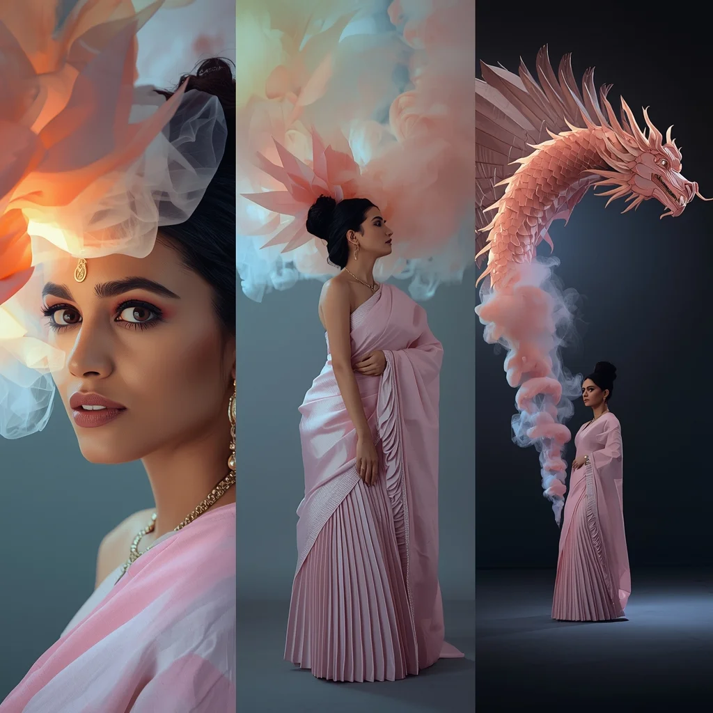 Ethereal Smoke Origami Dragon Illusion Saree Triptych Look | Saree Prompt For Gemini - Prompt Trending