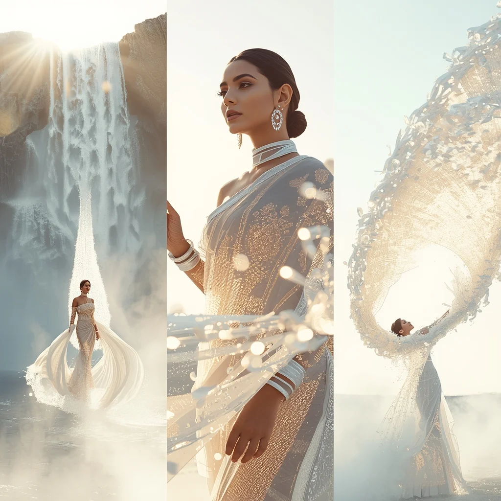 Festive Fancy Saree Photonic Crystal Waterfall Cascade | Beautiful Saree Girl Ai Prompt Cinematic - Realistic AI Image Prompt