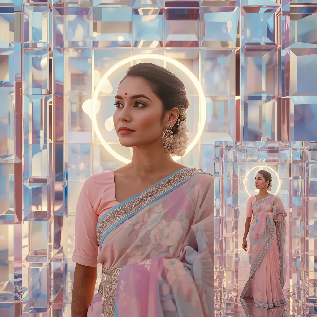 Festive Pastel Saree Crystal Refraction Halo Grid Collage | Gemini Traditional Saree Prompt - Prompt Trending
