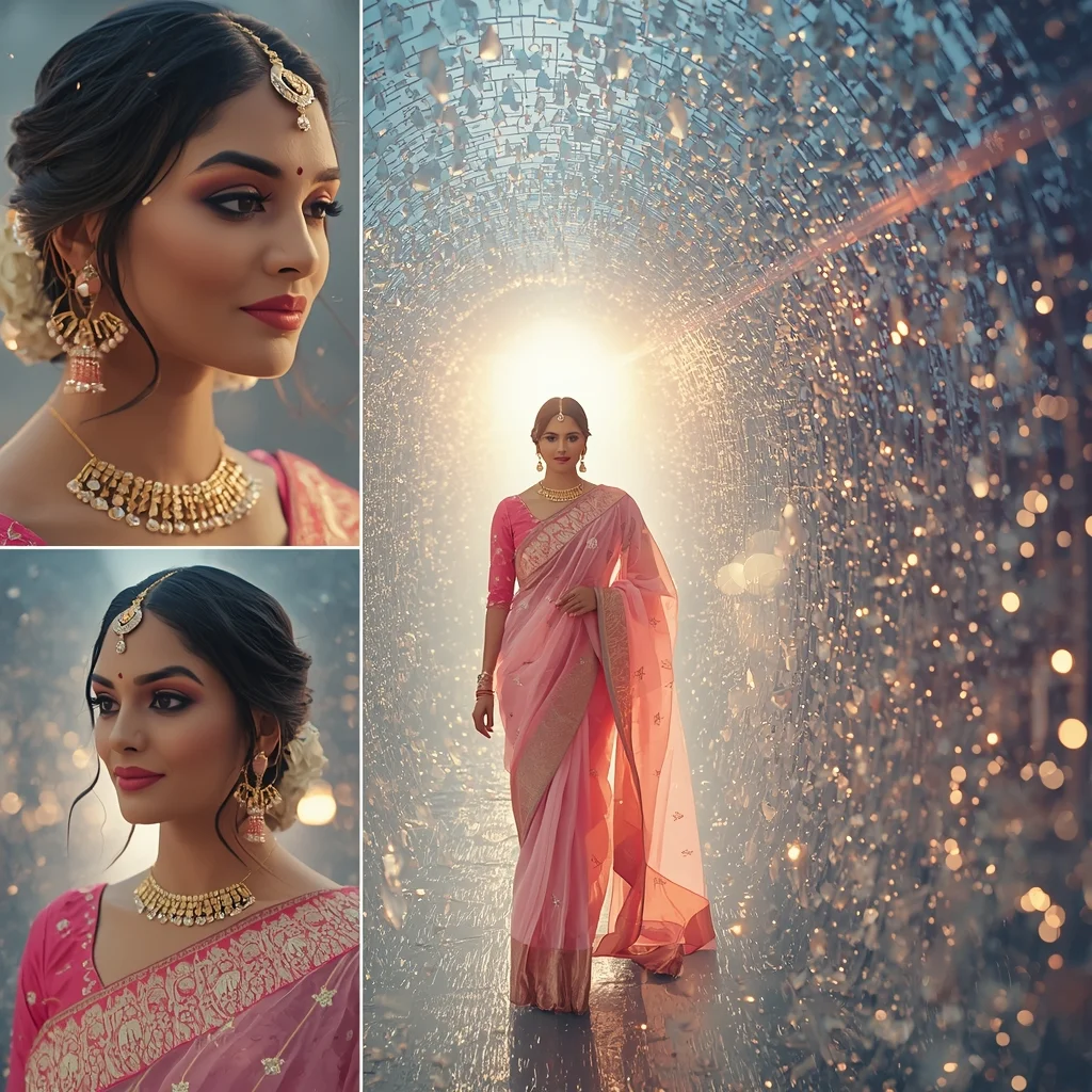 Festive Pastel Saree Enchanting Ethereal Crystal Tunnel Collage | Magical Fantasy Prompt | Saree Girl Ai Prompt - Prompt Trending