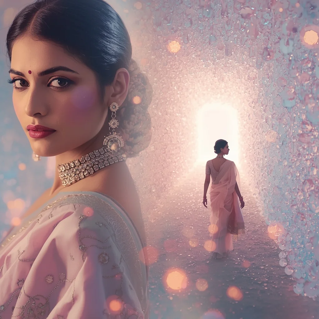 Festive Pastel Saree Enchanting Ethereal Crystal Tunnel Collage | Magical Fantasy Prompt | Saree Prompt For Girls - Woman Pose AI Image Prompt