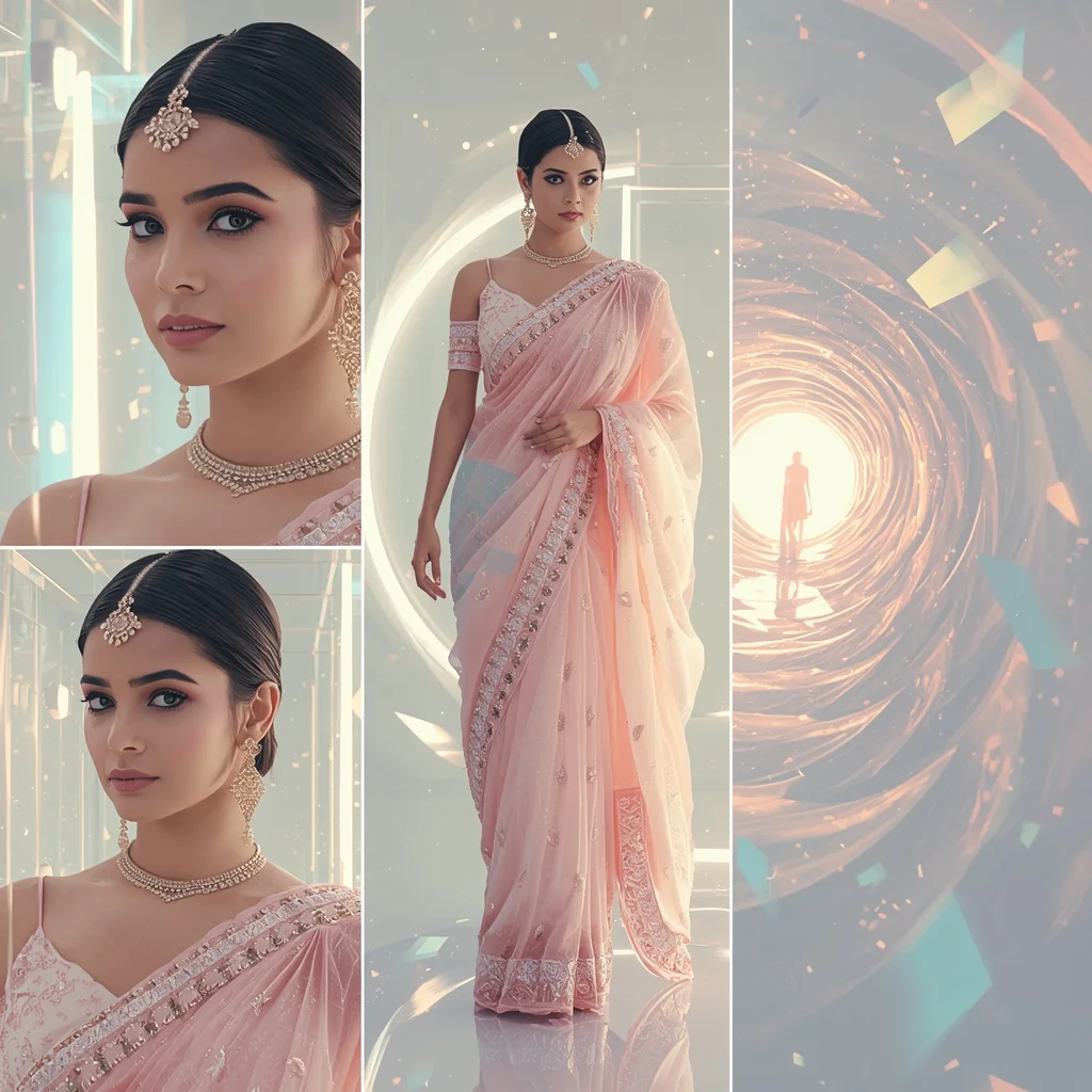 Festive Pastel Saree Ethereal Prism Crystal Tunnel Magnetic Opalescent Tornado Storm Collage | Spiral Fantasy Mystic Prompt | Beautiful Saree Girl Ai Prompt Cinematic