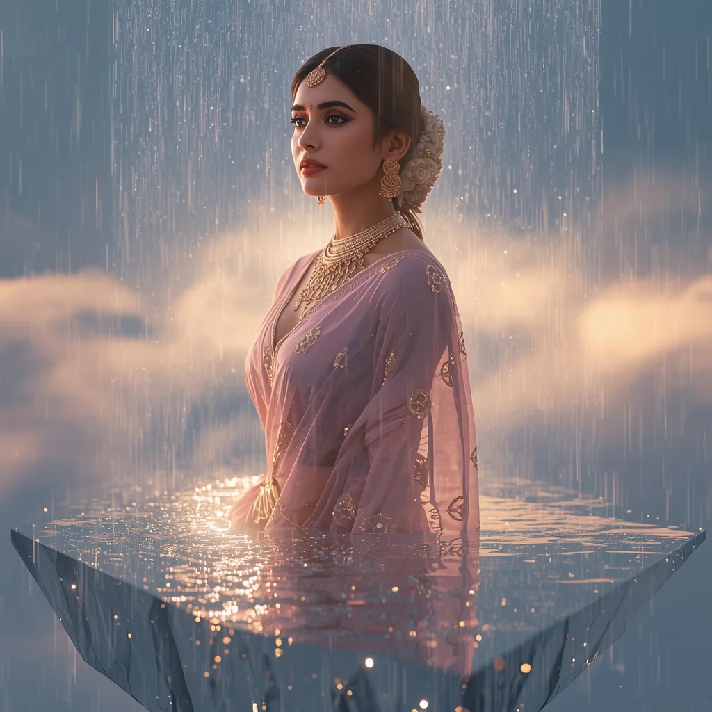 Festive Pastel Saree Heavenly Celestial Mirror Island Collage | Enchanted Crystal Rain Prompt | Indian Bride Saree Ai Prompt - Woman Pose AI Image Prompt