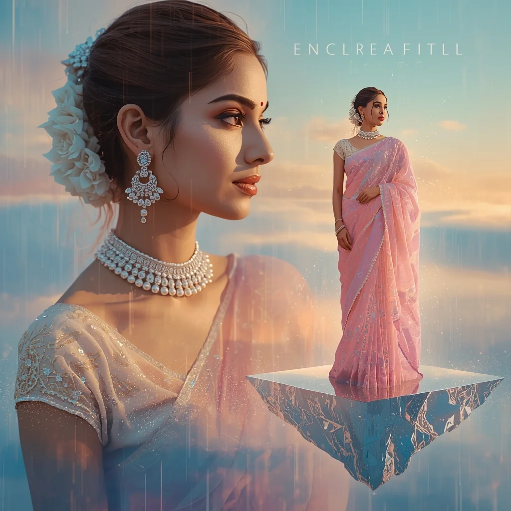 Festive Pastel Saree Heavenly Celestial Mirror Island Collage | Enchanted Rain Prompt | Modern Saree Ai Prompt - Prompt Trending