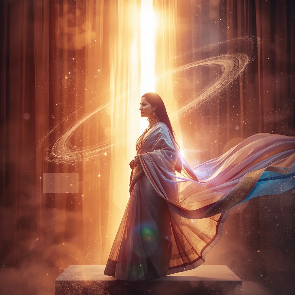 Festive Pastel Saree Imperial Cosmic Curtain Galaxy Burst Collage | Regal Symphony Prompt | Prompt Seen Saree Girl - Prompt Trending