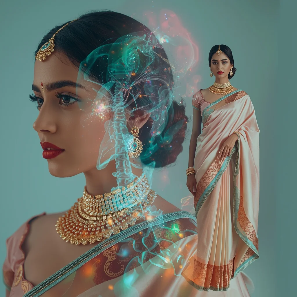 Festive Pastel Saree Liquid Light Skeleton Nebula Collage | Inner Cosmic Anatomy Prompt | Saree Prompt For Gemini Ai - Prompt Trending